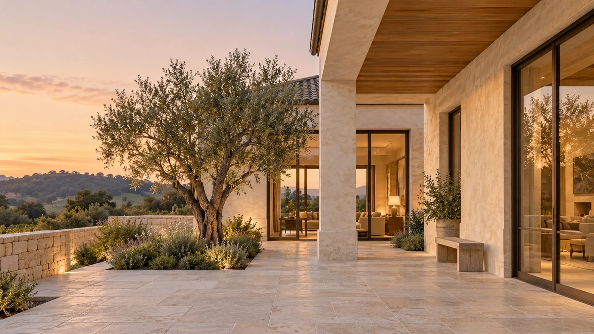 Napa Valley-inspired architectural concept with a pale stone courtyard, olive tree and warm window light at sunset